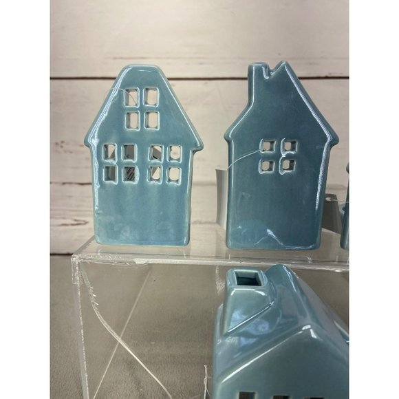 Woodland Wonders Blue Ceramic Candleholders Farmhouse Homes 4 Piece Set - Picture 2 of 7